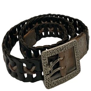 BKE Woven Leather Belt Black Silver Tone Buckle Chunky Boho Grunge Biker 5175; M